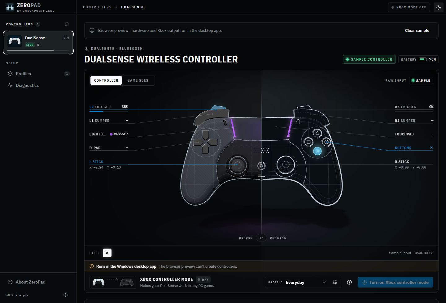 ZeroPad's controller workspace, showing a DualSense with live input, lightbar colour and Xbox controller mode.