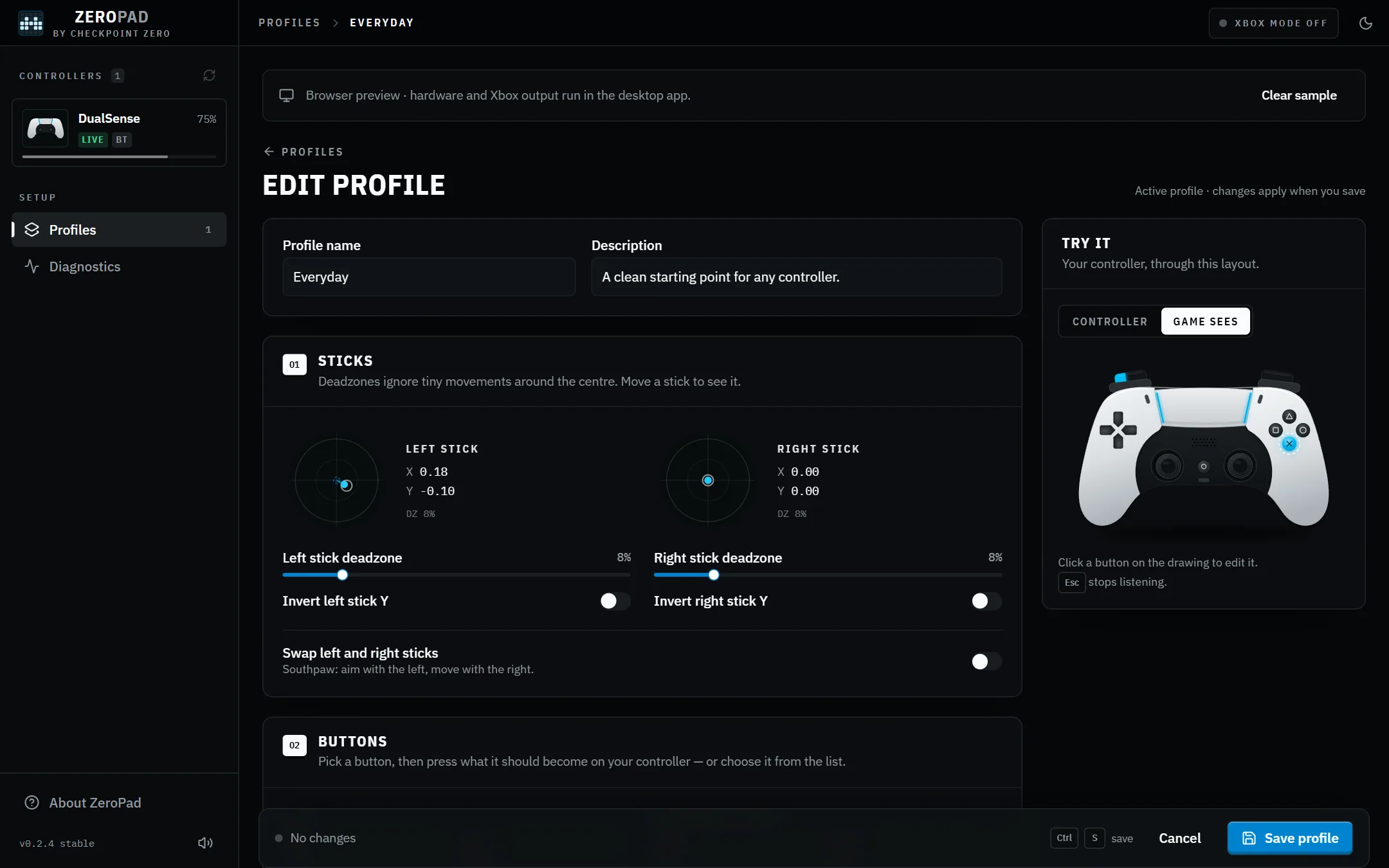 ZeroPad's profile editor with stick deadzones and a live preview.