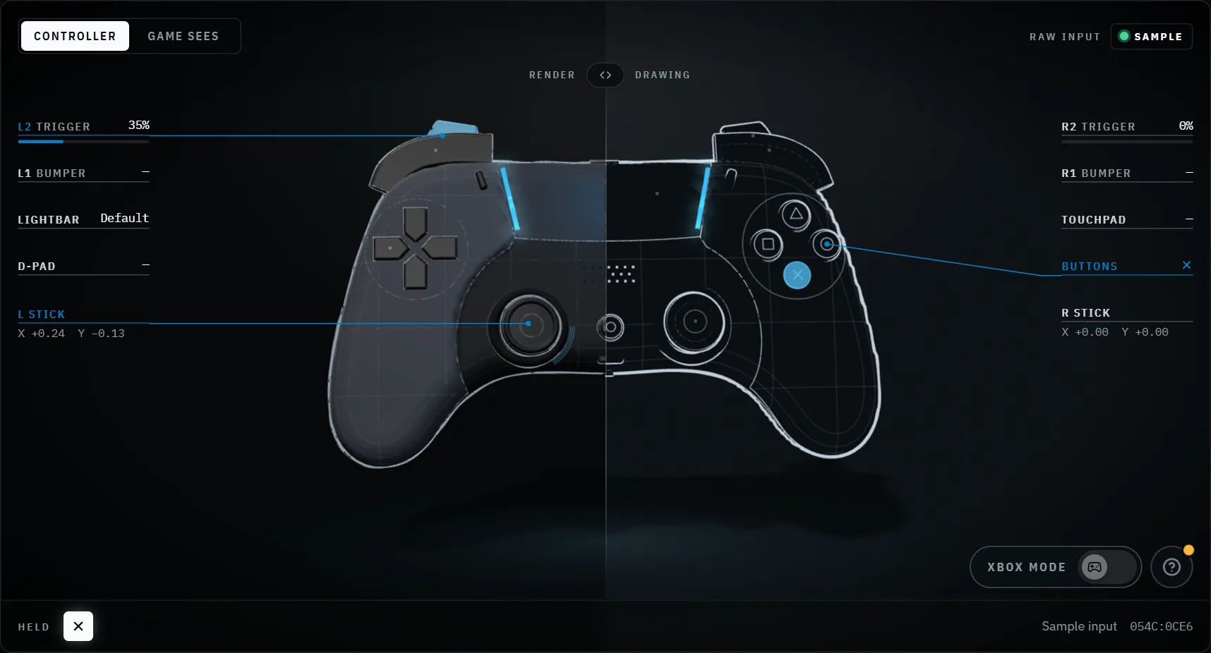 ZeroPad's controller stage with the Xbox mode switch in the corner.