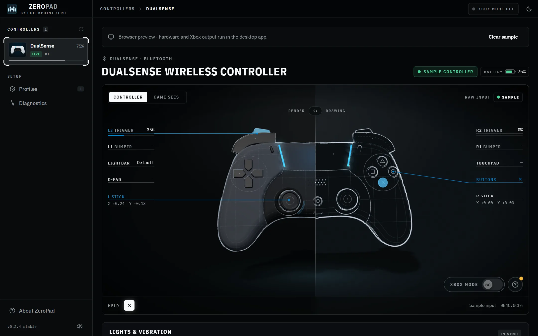 ZeroPad's controller workspace: a DualSense drawn half as a render and half as a technical drawing, with live callouts for each input and the Xbox mode switch.